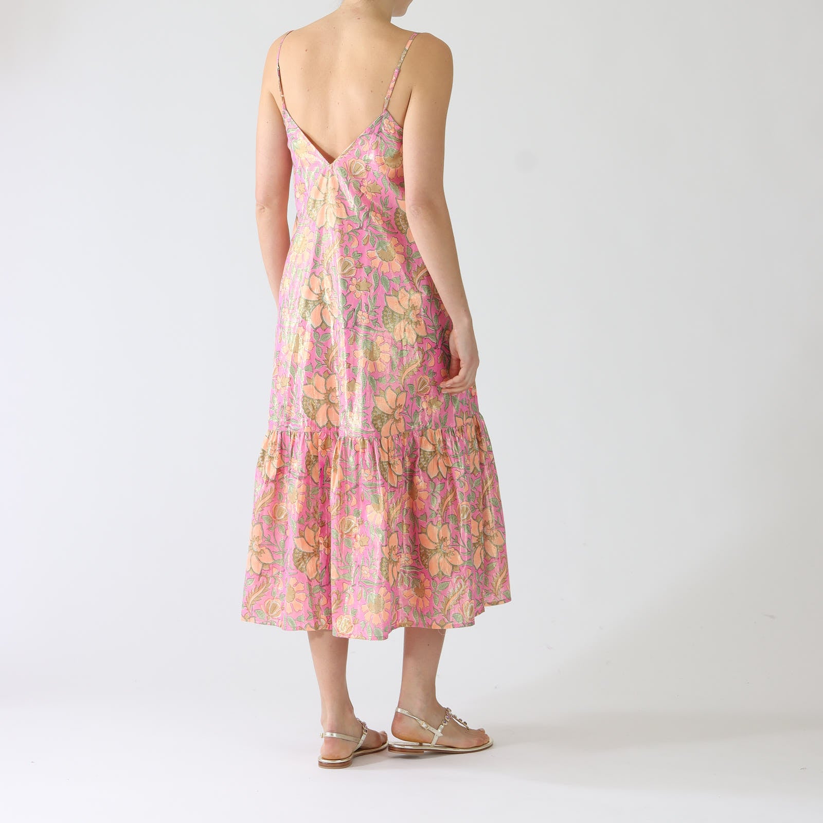 Hot Pink & Coral Lame Floral Midi Dress