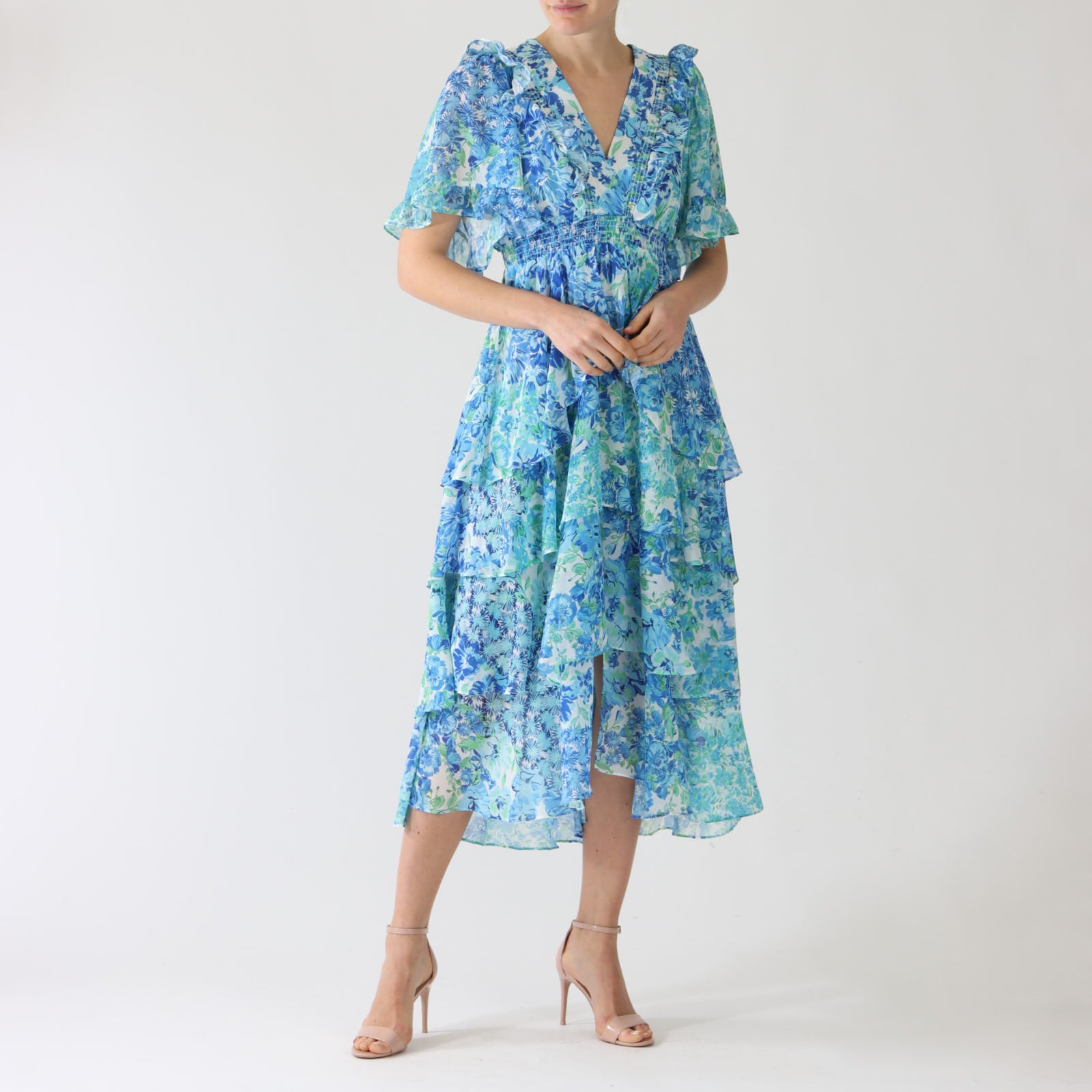 Peyton Blue Floral Print Tiered Midi Dress