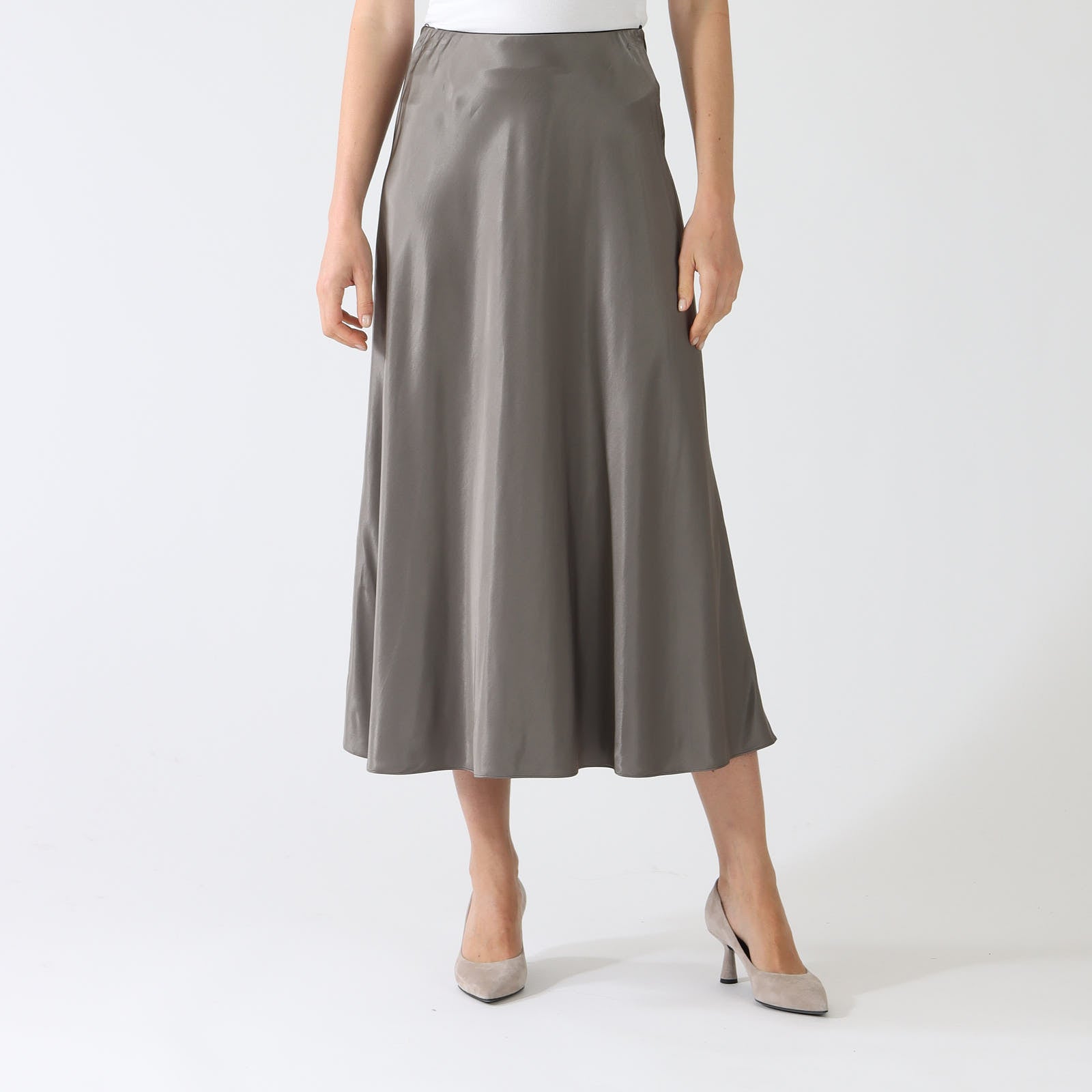 Taupe Satin Midi Skirt