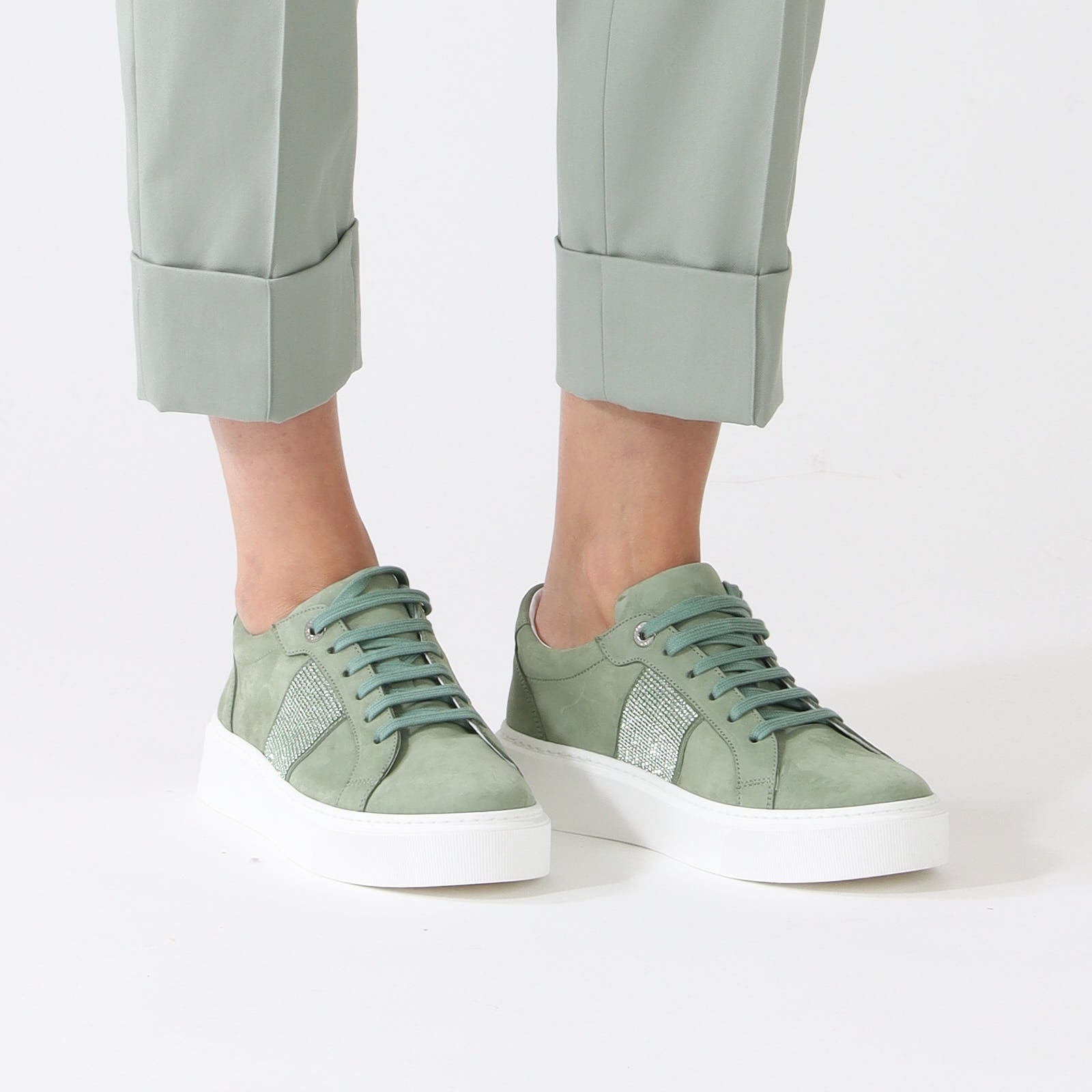 Frozen Sage  Sneakers With Rhinestone Stripe