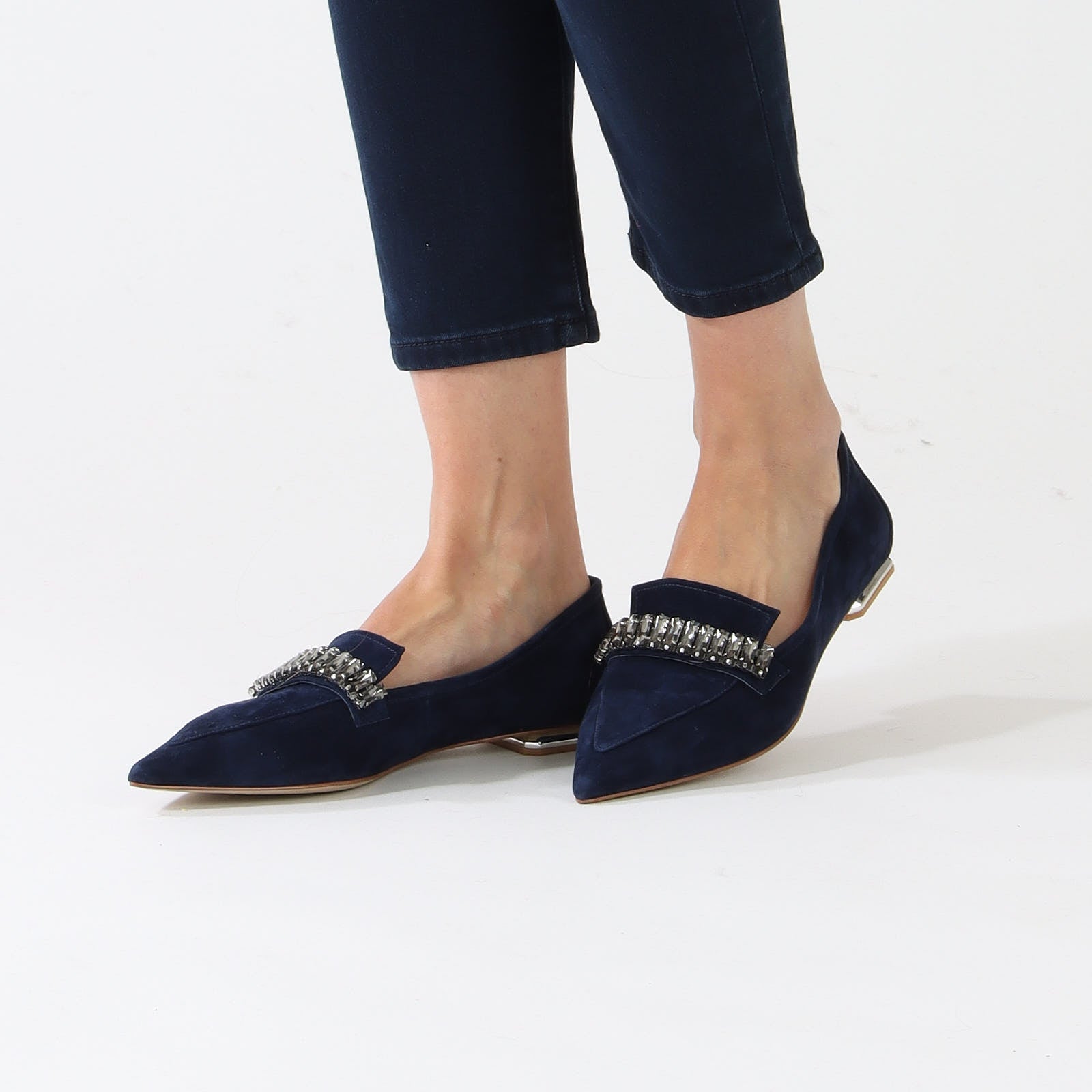 Midnight Blue Flat Shoe With Rhinestone Clasp