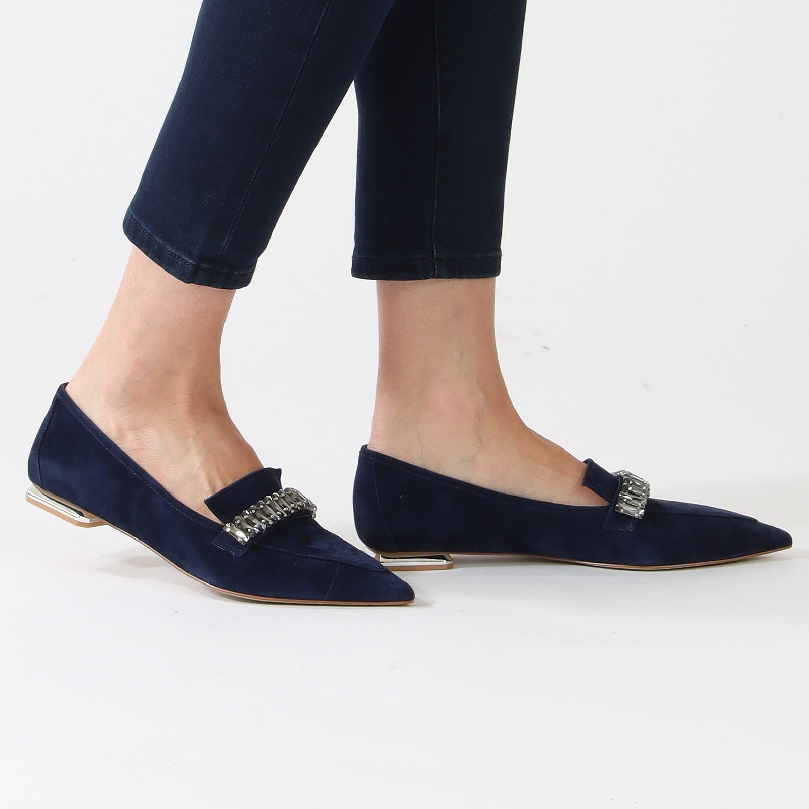 Midnight Blue Flat Shoe With Rhinestone Clasp