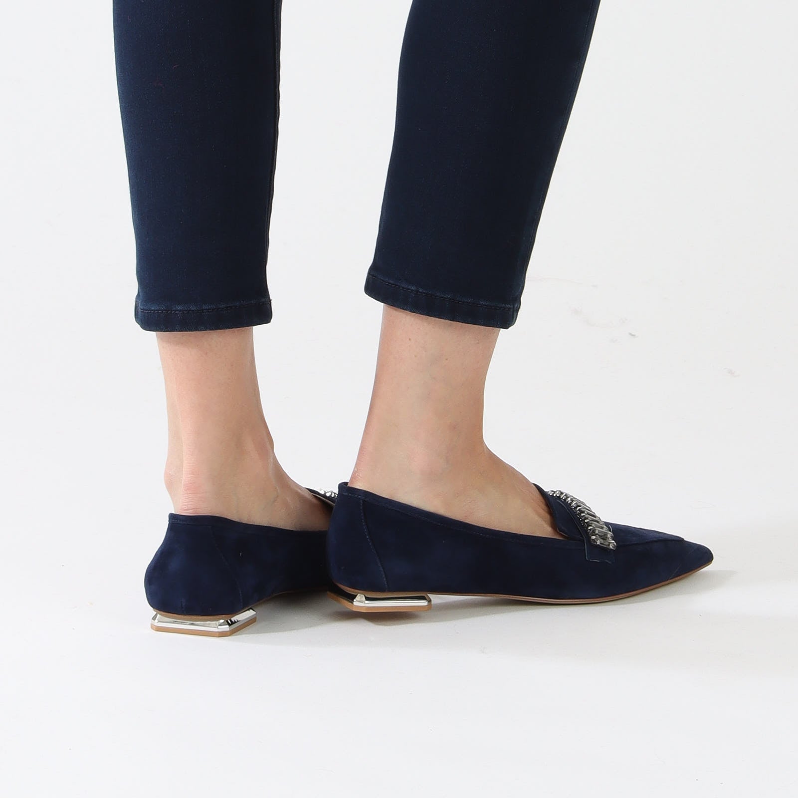 Midnight Blue Flat Shoe With Rhinestone Clasp