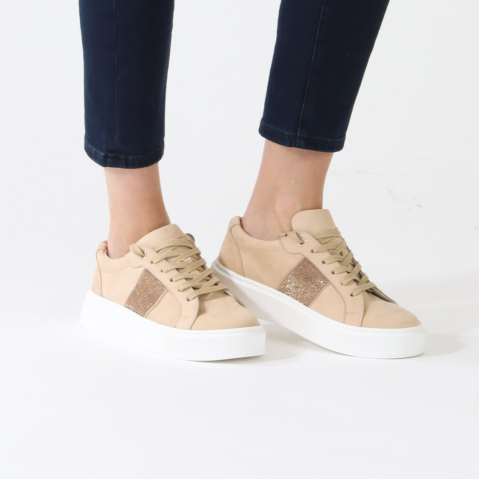 Bright Toffee Sneakers With Rhinestone Stripe