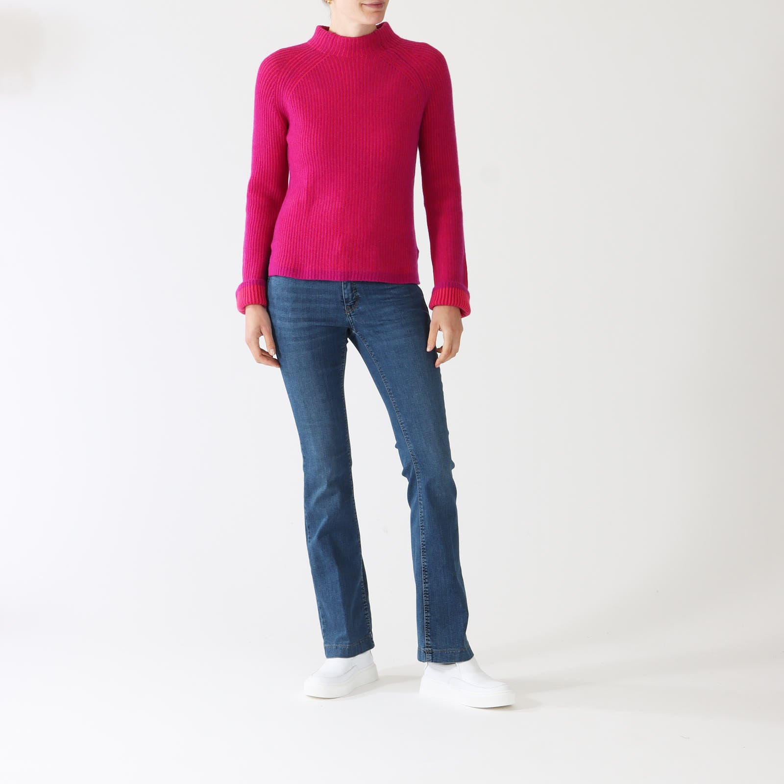 Magenta Poppy Plaited Rib Funnel Cashmere Sweater