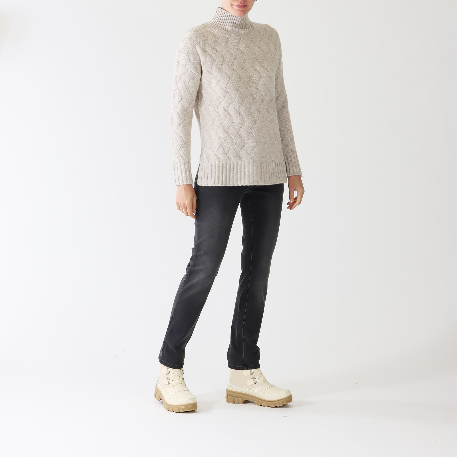 Mushroom Luxe Cable Funnel Cashmere Sweater