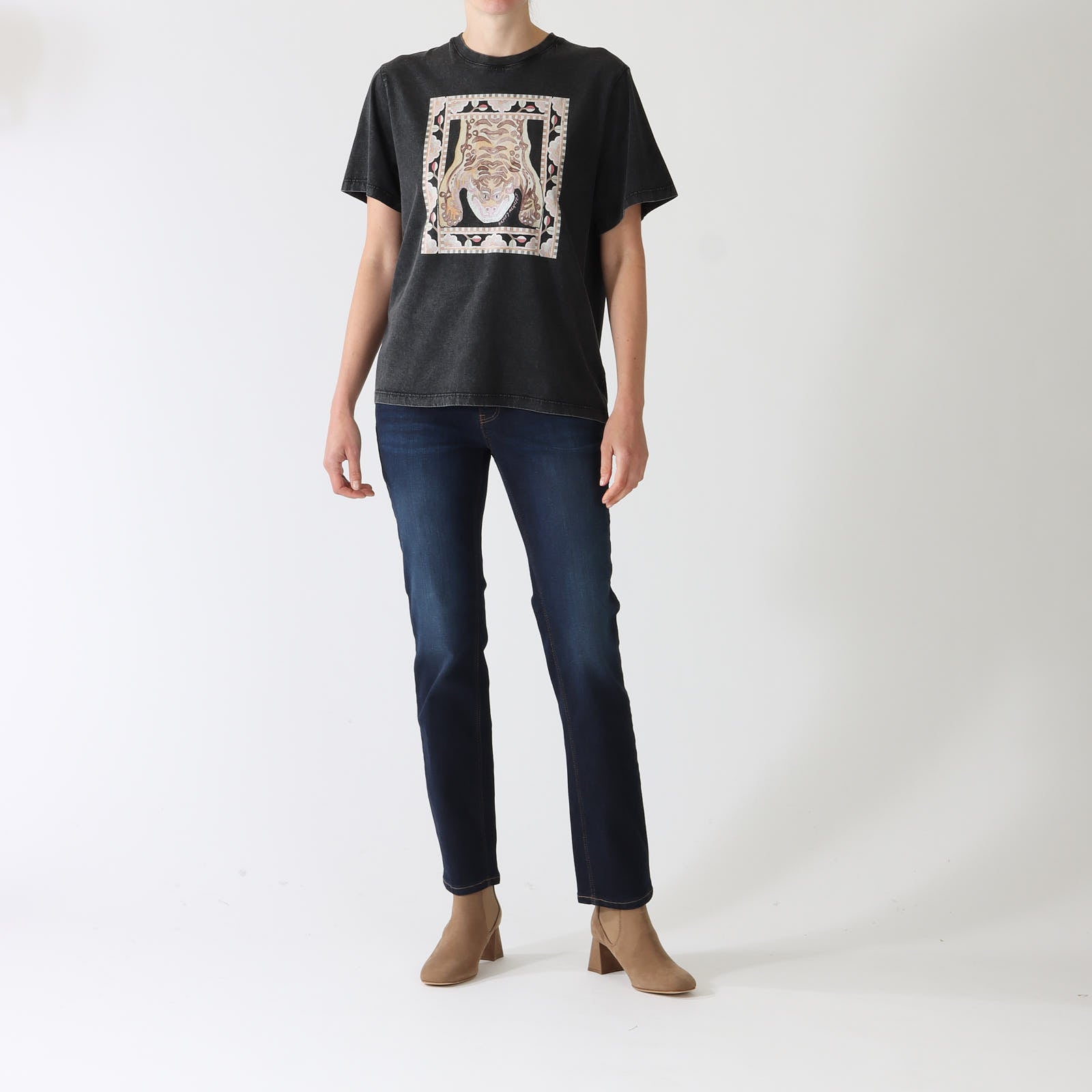 Grey Acid Wash Lotus Tiger Print T-Shirt