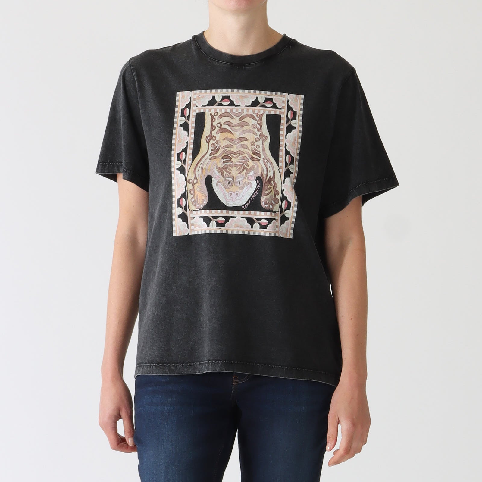 Grey Acid Wash Lotus Tiger Print T-Shirt