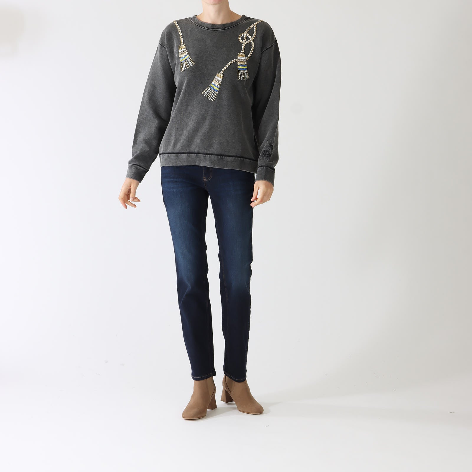 Grey Acid Wash Beaded Tassel Sweatshirt