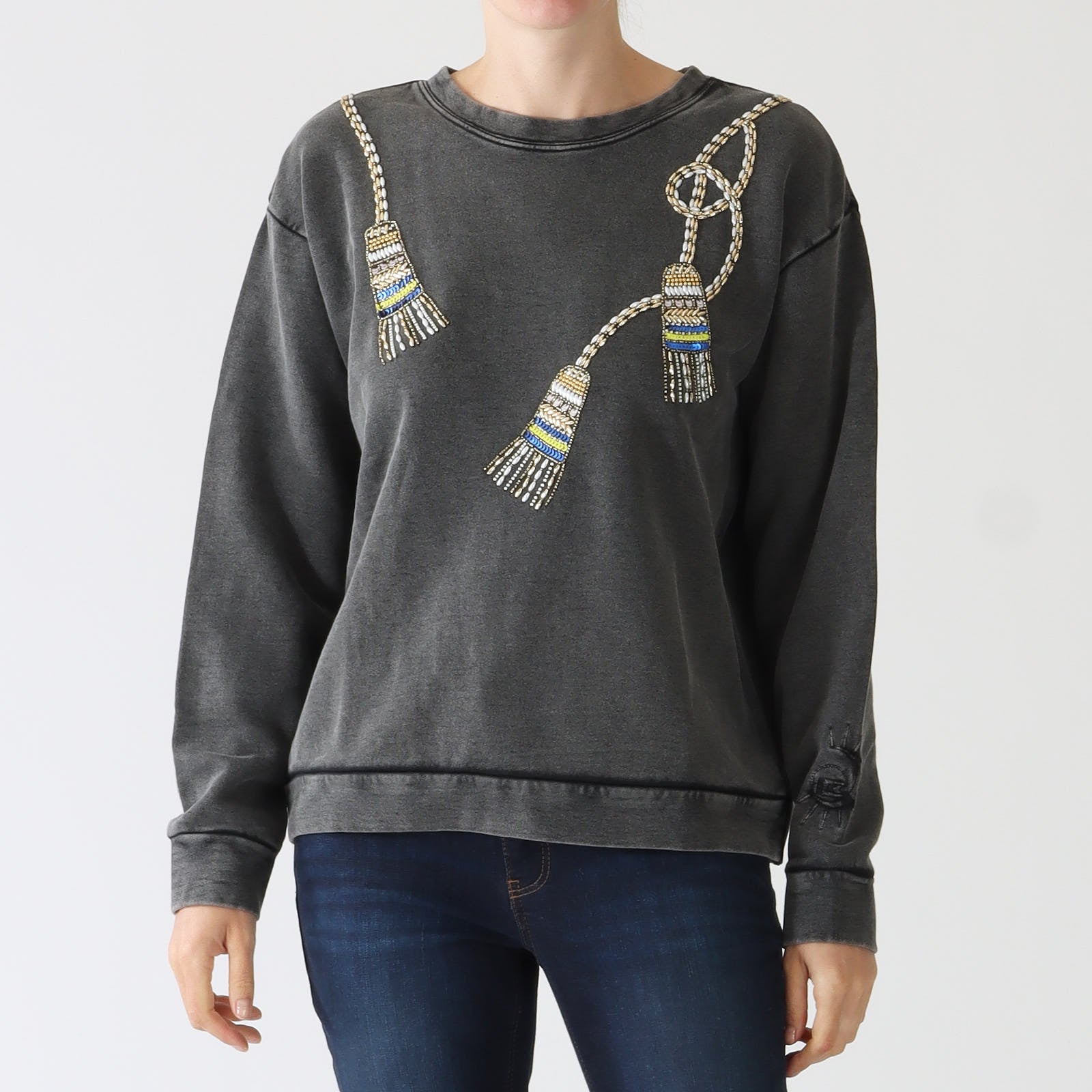 Grey Acid Wash Beaded Tassel Sweatshirt