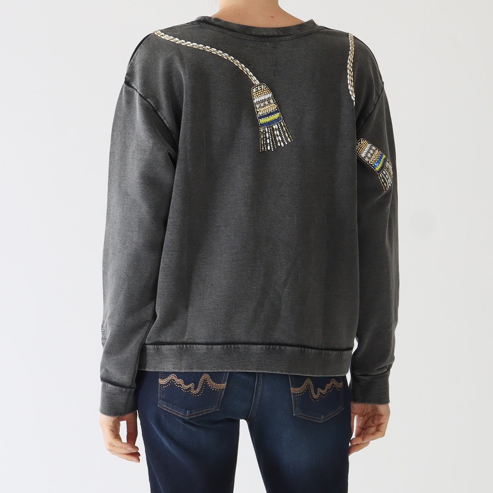 Grey Acid Wash Beaded Tassel Sweatshirt