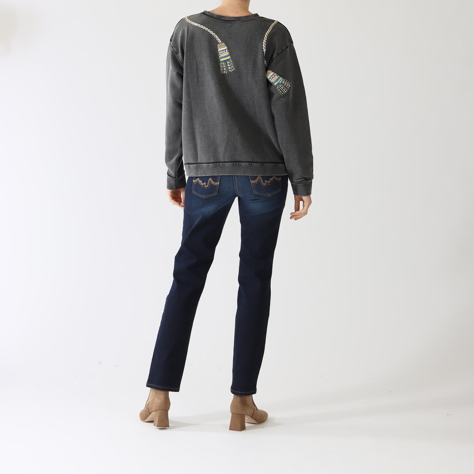 Grey Acid Wash Beaded Tassel Sweatshirt