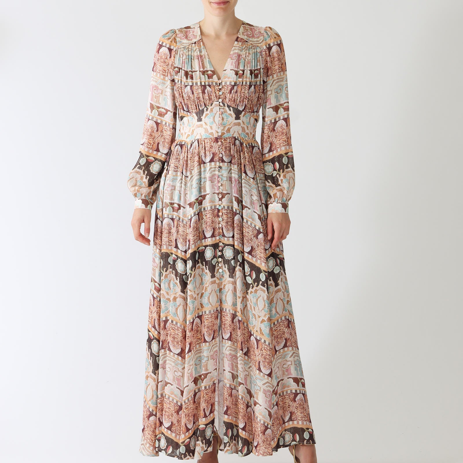 Lotus Tiger Printed Silk Lurex Maxi Dress