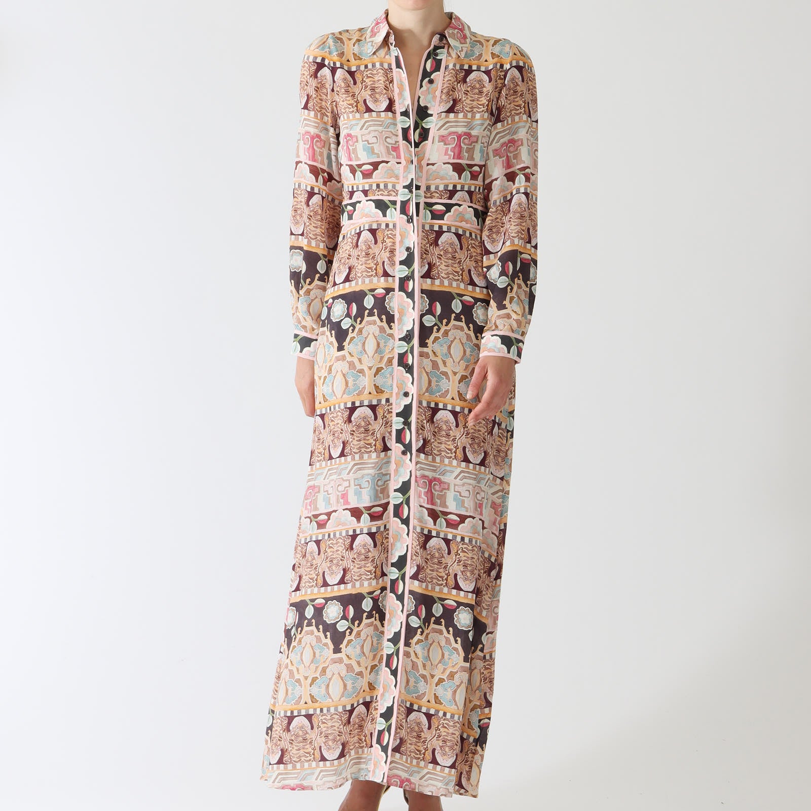 Lotus Tiger Printed Silk Maxi Shirt Dress