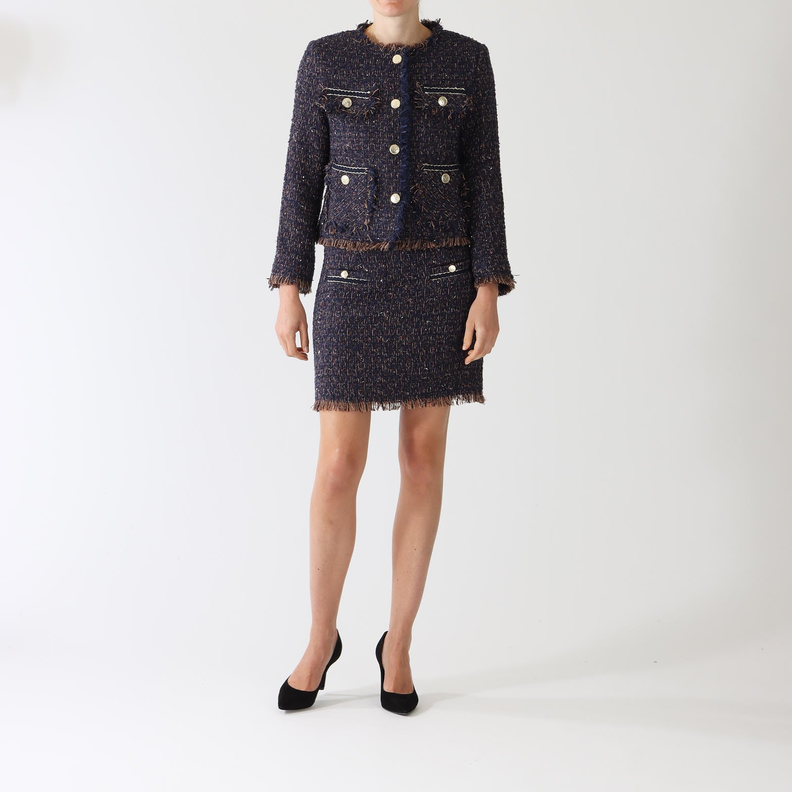 Navy Paislee Tweed Bouclé Skirt