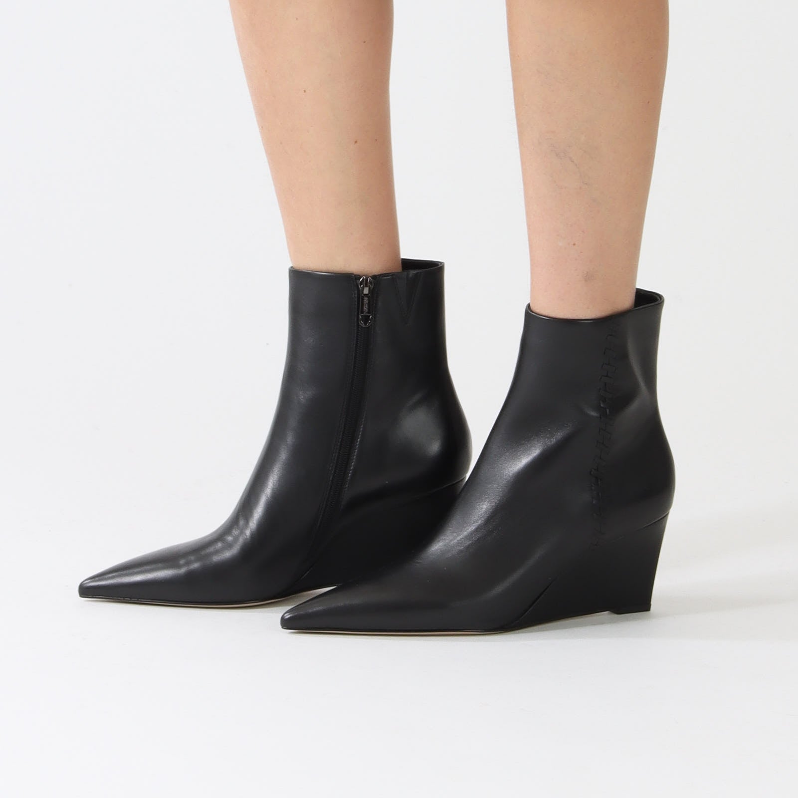 Black Wedge Heel Leather Bootie