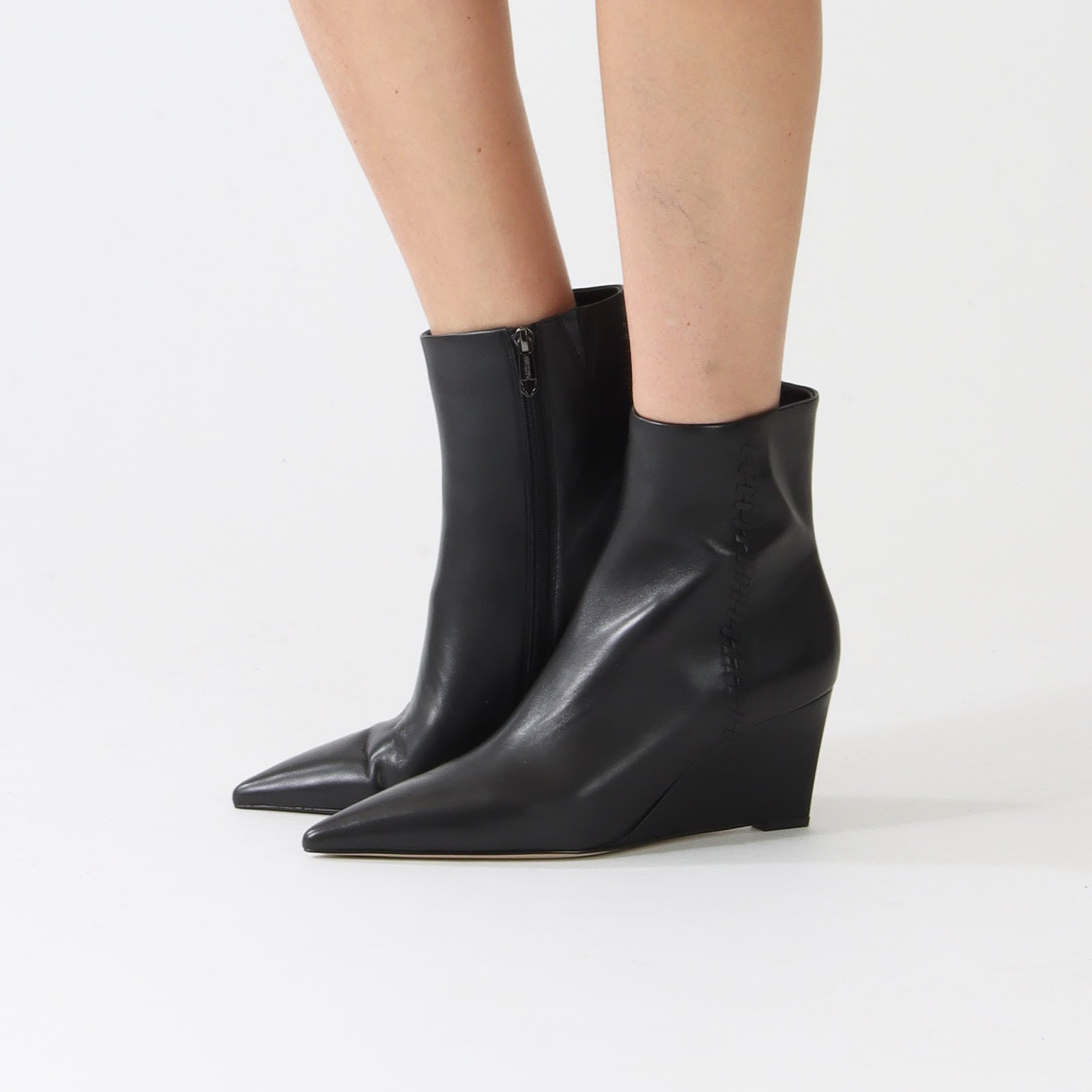 Black Wedge Heel Leather Bootie