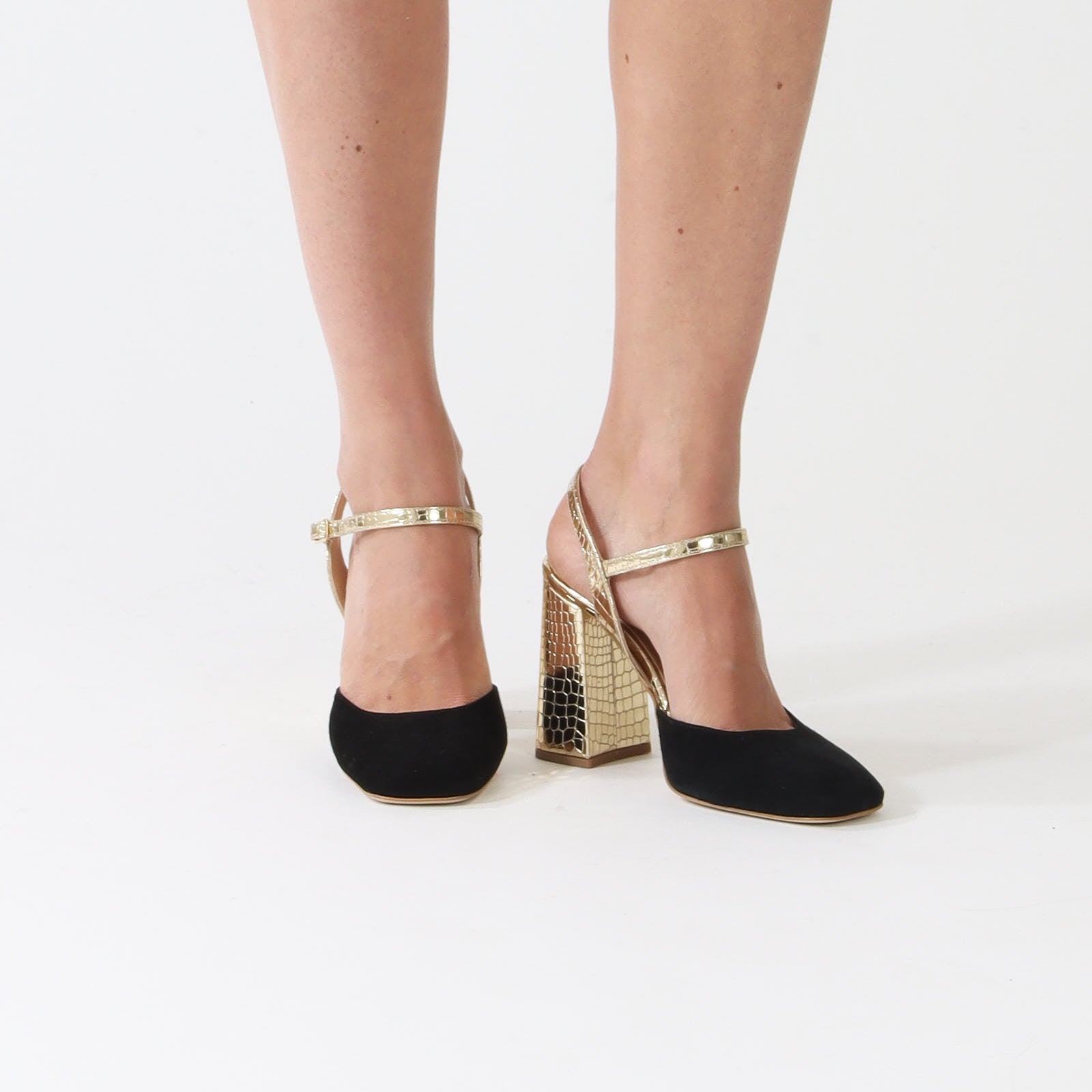 Black Suede & Metallic Gold Block Heels