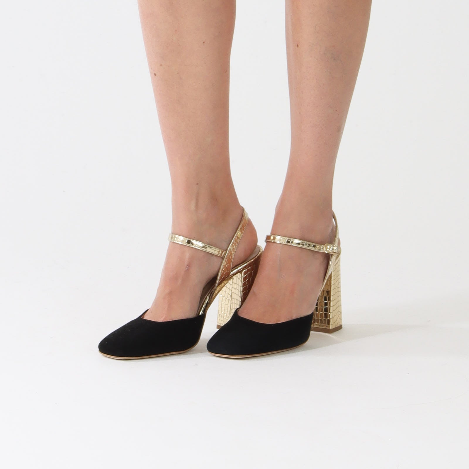 Black and gold block heels best sale