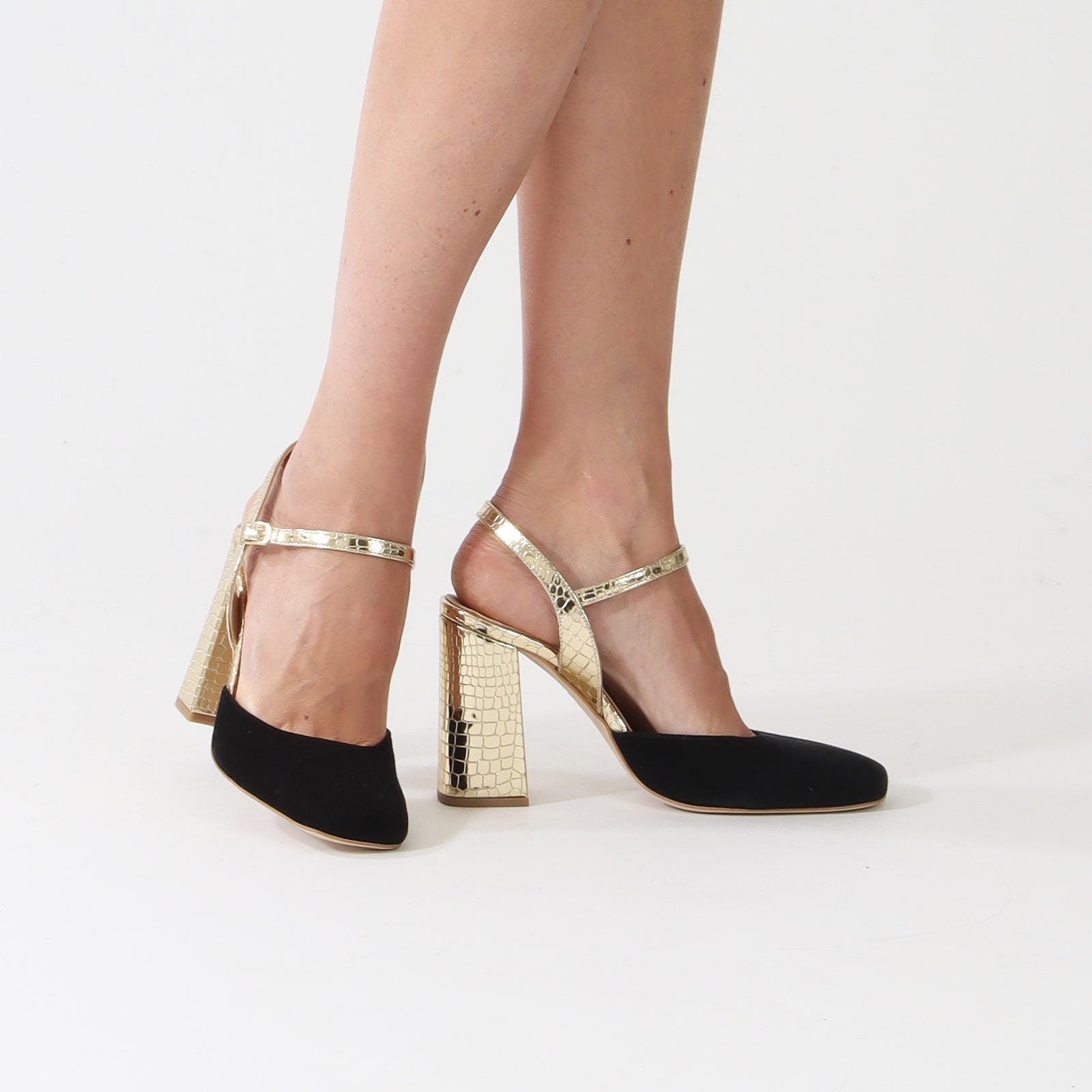 Black Suede & Metallic Gold Block Heels