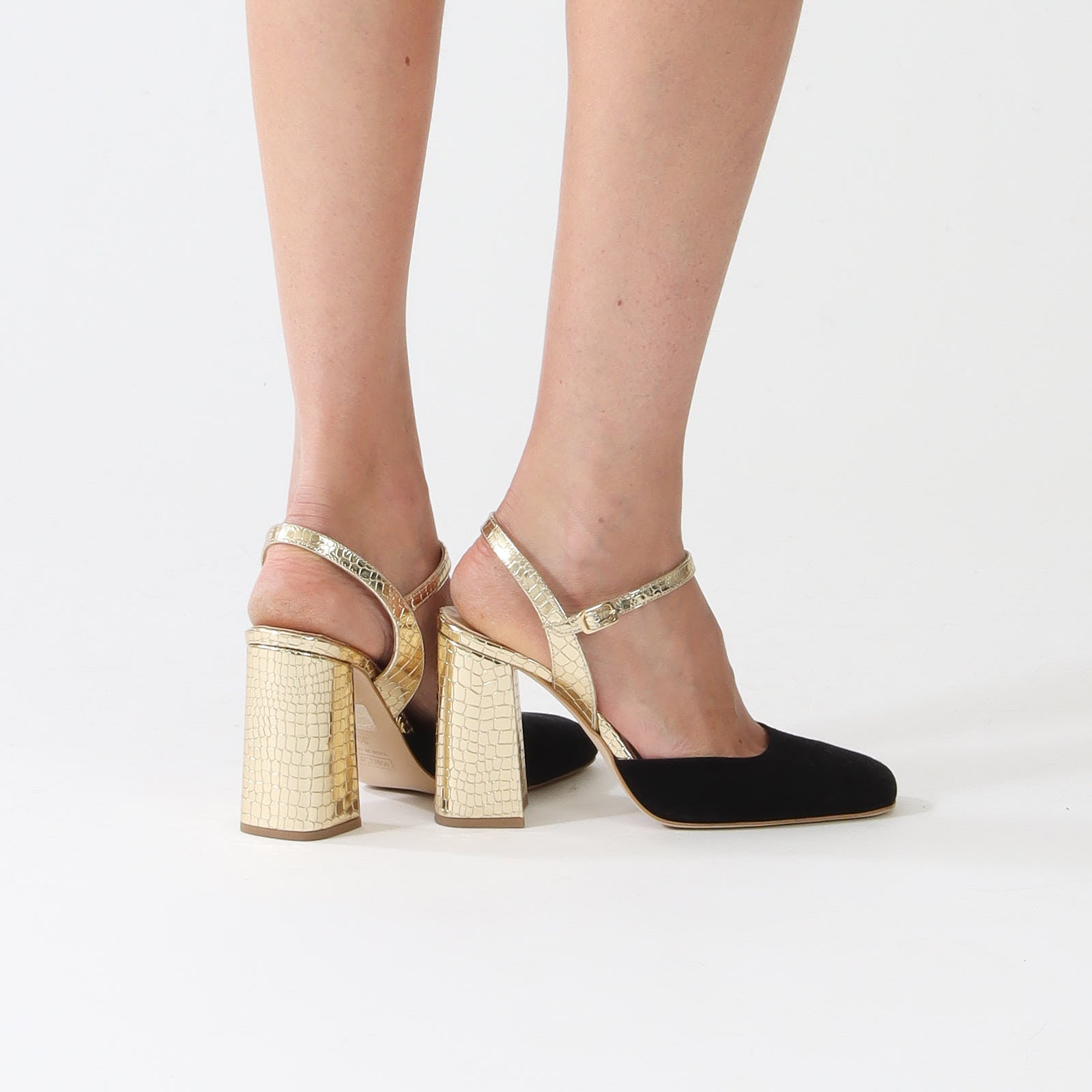 Black Suede & Metallic Gold Block Heels