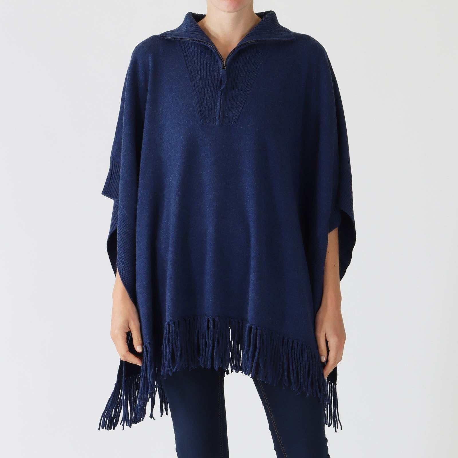 Saphire Fringed Poncho With Zip-Up Collar