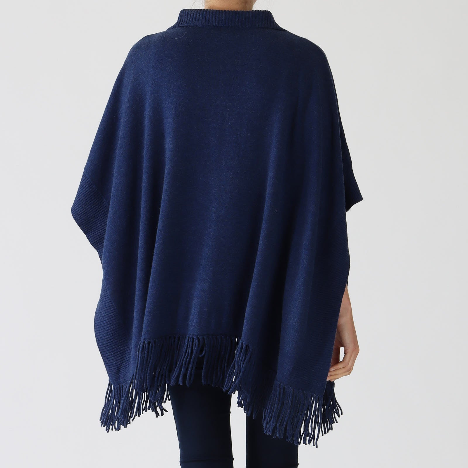 Saphire Fringed Poncho With Zip-Up Collar