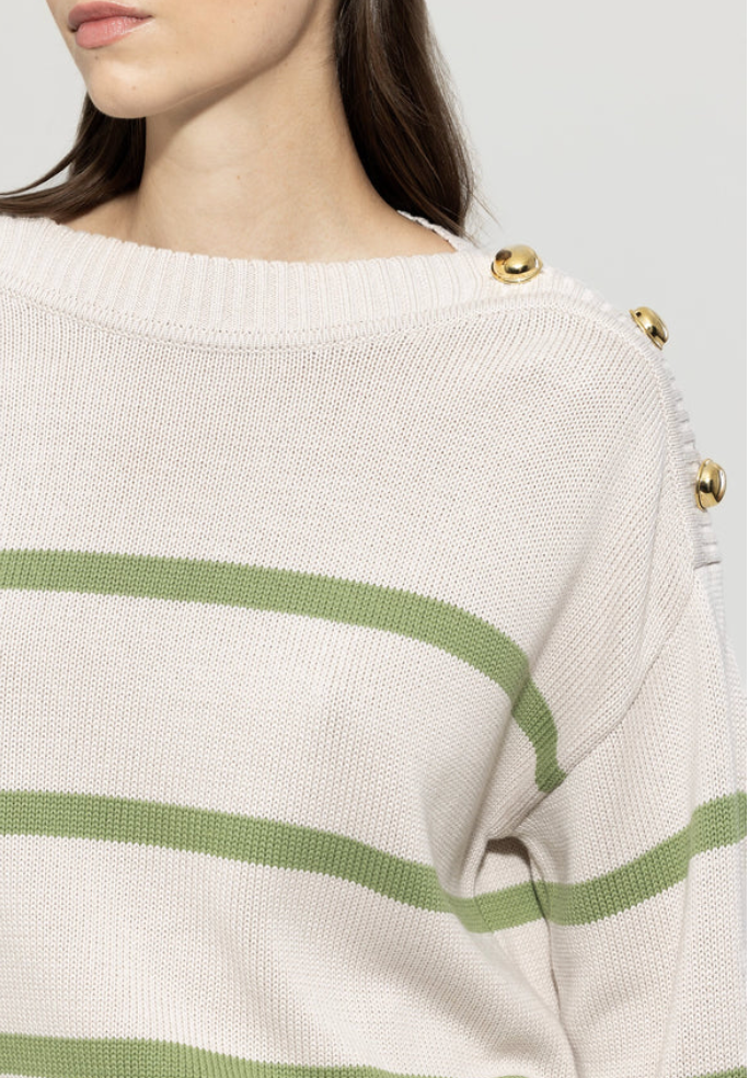 Smoky Green Breton Stripe Cotton Sweater