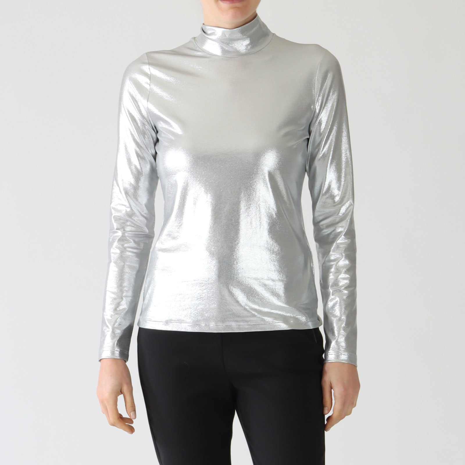 Silver Metallic Polo Neck Top