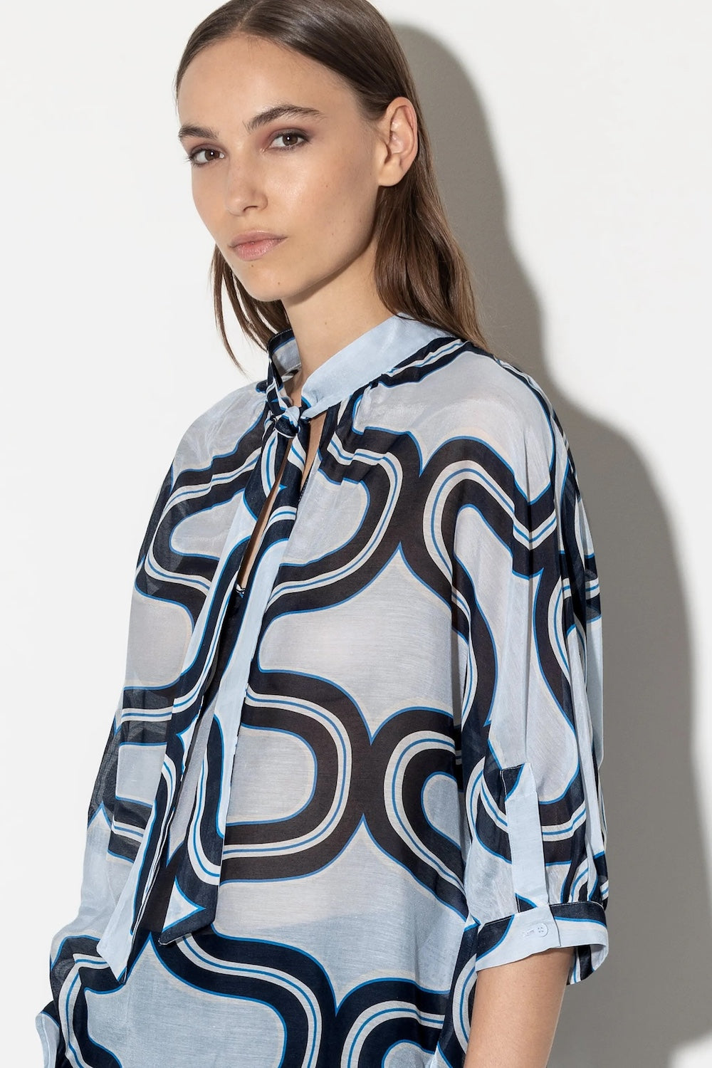 Sky Blue Wave Print Blouse With Neck Tie