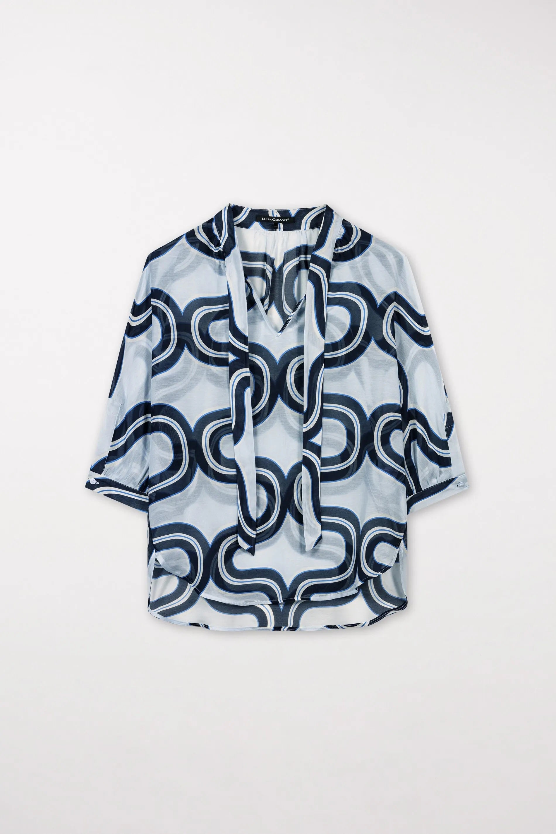 Sky Blue Wave Print Blouse With Neck Tie