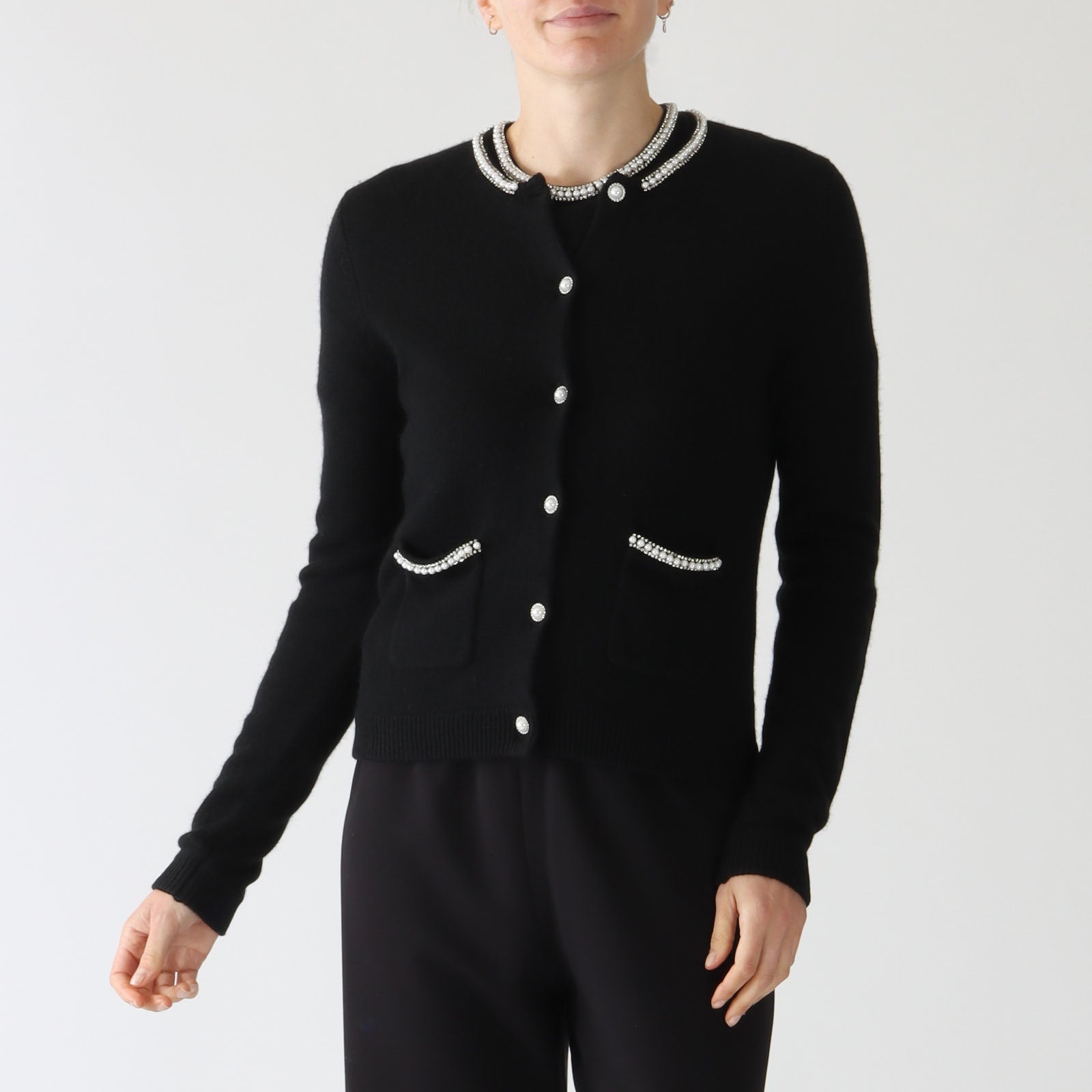 Sully Noir Cardigan With Pearl & Rhinestone Trim