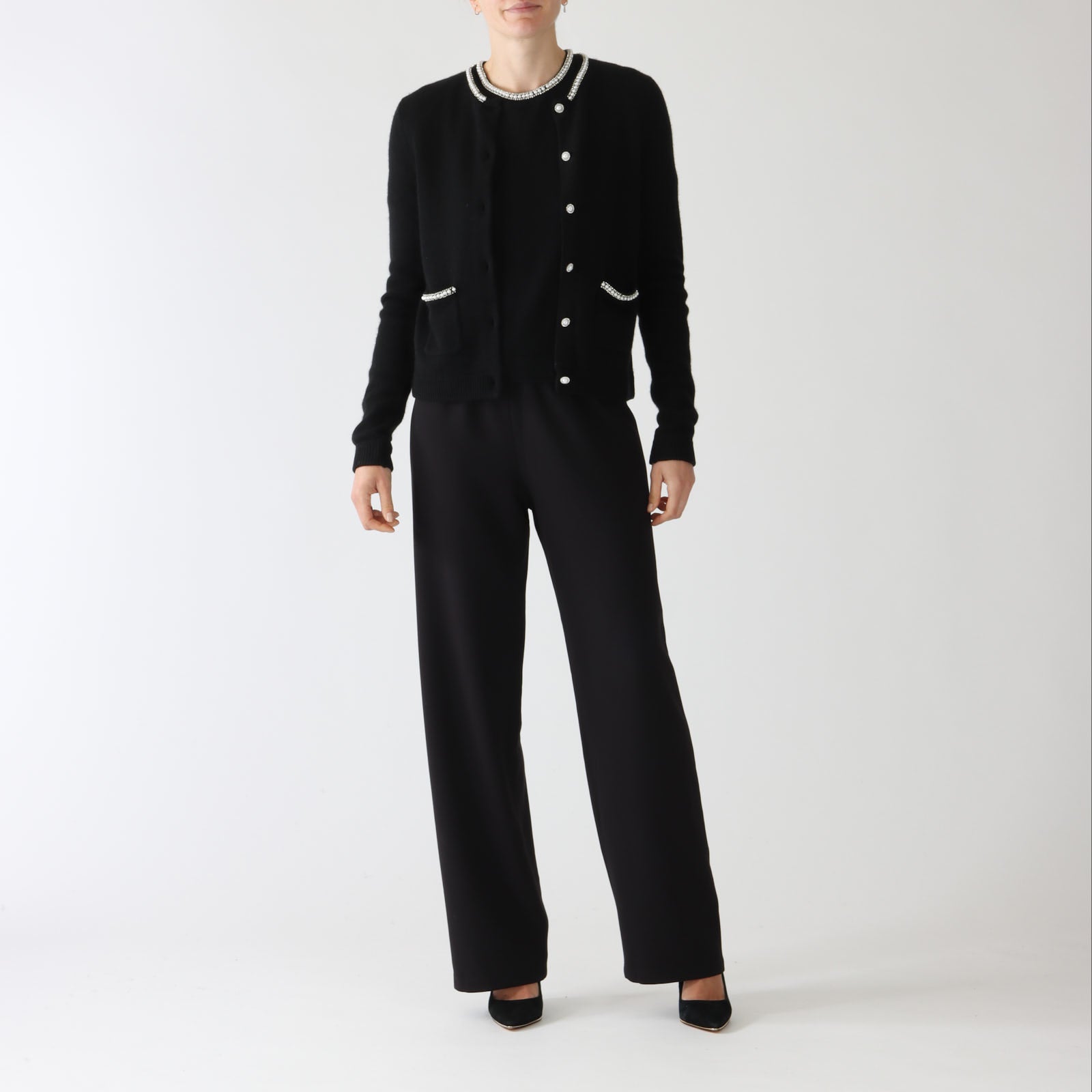 Sully Noir Cardigan With Pearl & Rhinestone Trim