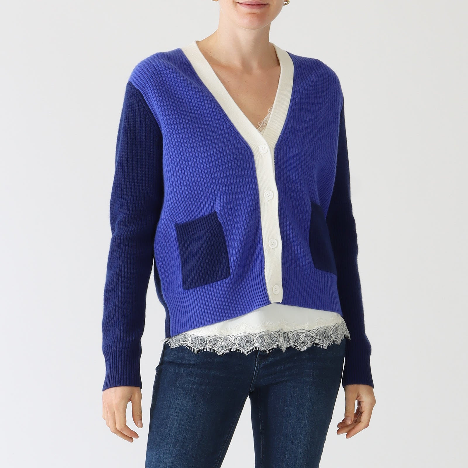 Theresa Blue, Navy & Ecru Colour Block Cardigan