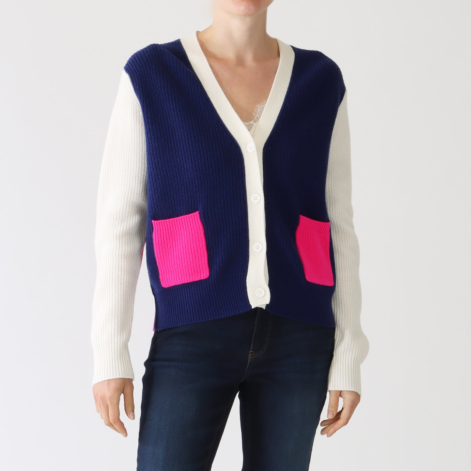 Theresa Navy, Pink & Ecru Colour Block Cardigan