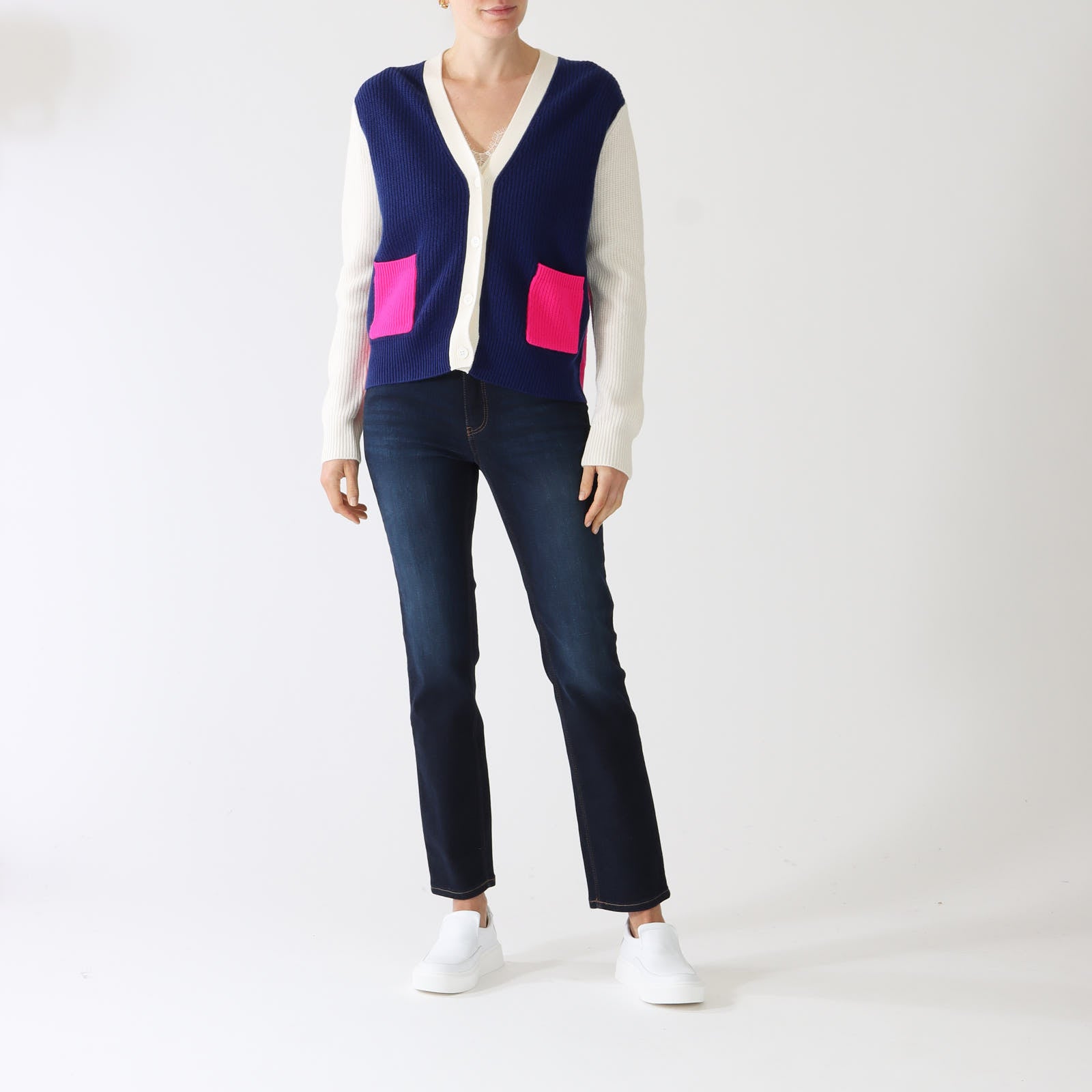 Theresa Navy, Pink & Ecru Colour Block Cardigan