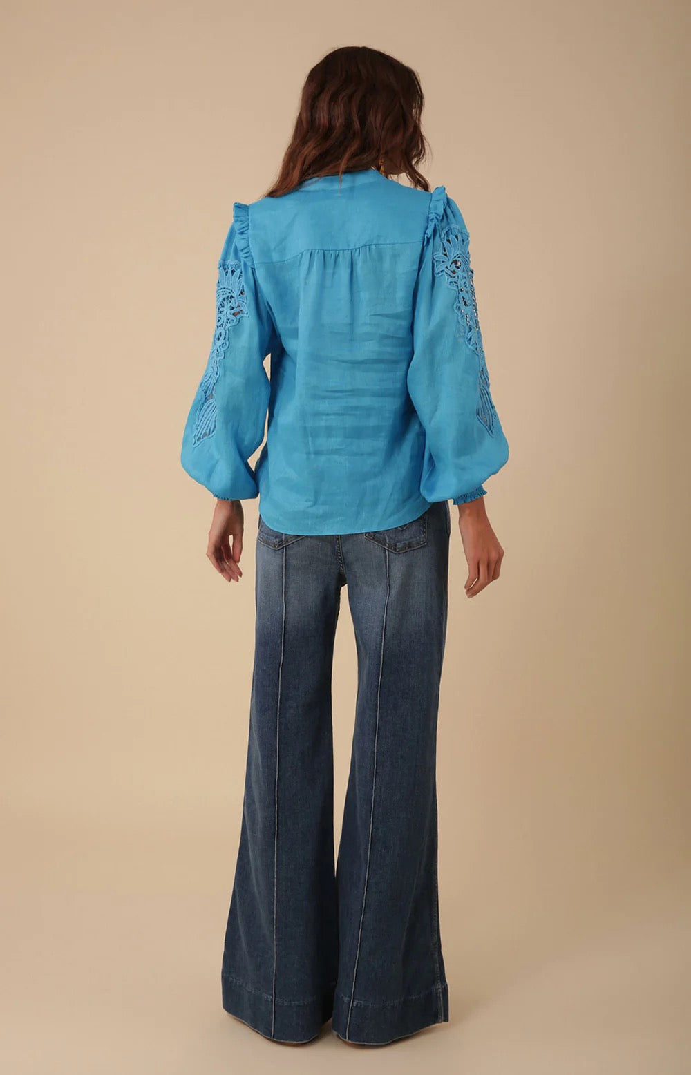 Turquoise Reese Linen Lace Blouse