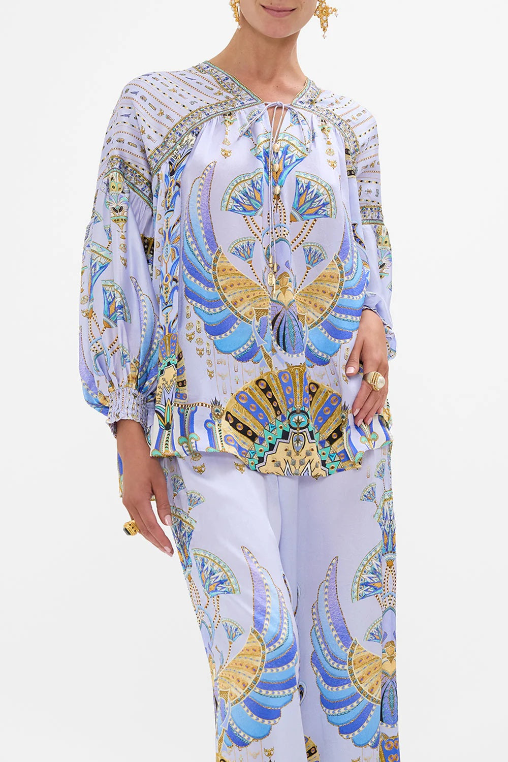 Under Scarab Skies Blouson Blouse With Neck Tie