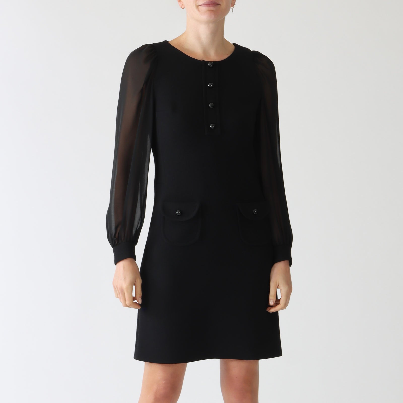 Carlen Noir Wool Crepe Dress With Voile Sleeves