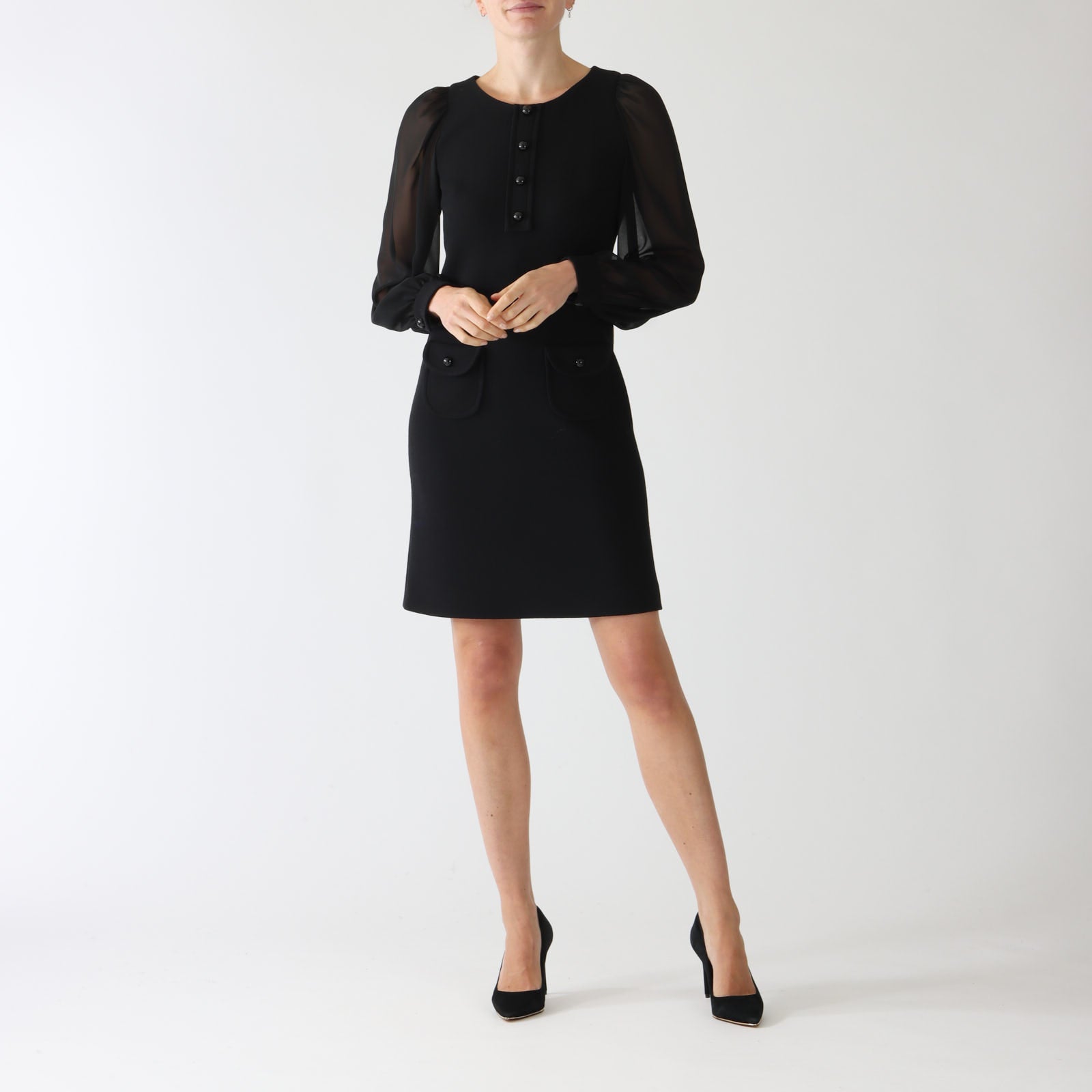 Carlen Noir Wool Crepe Dress With Voile Sleeves