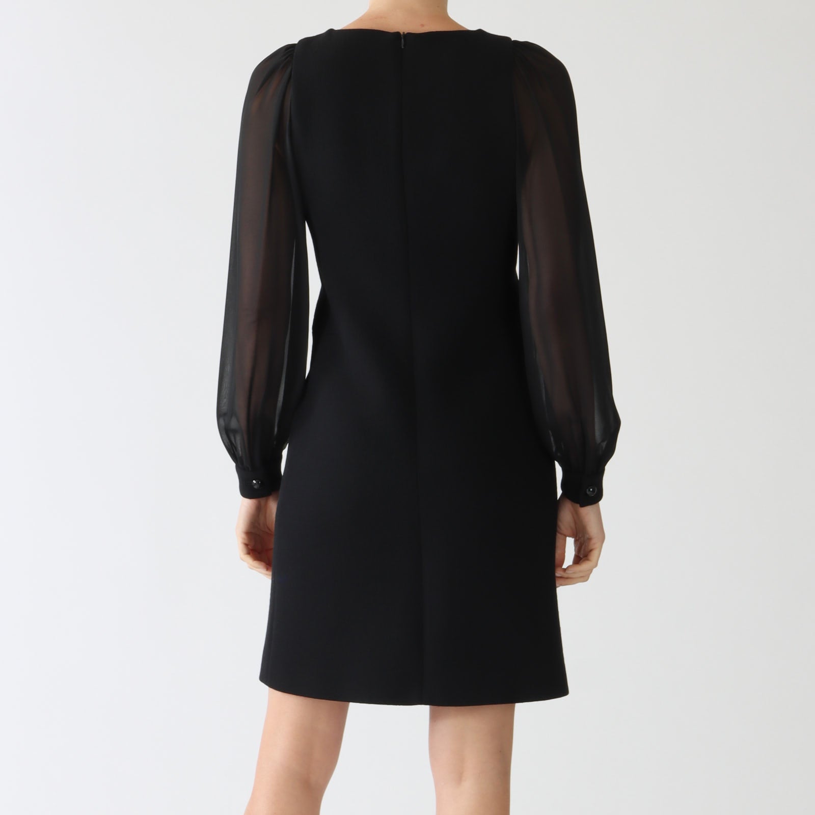 Carlen Noir Wool Crepe Dress With Voile Sleeves