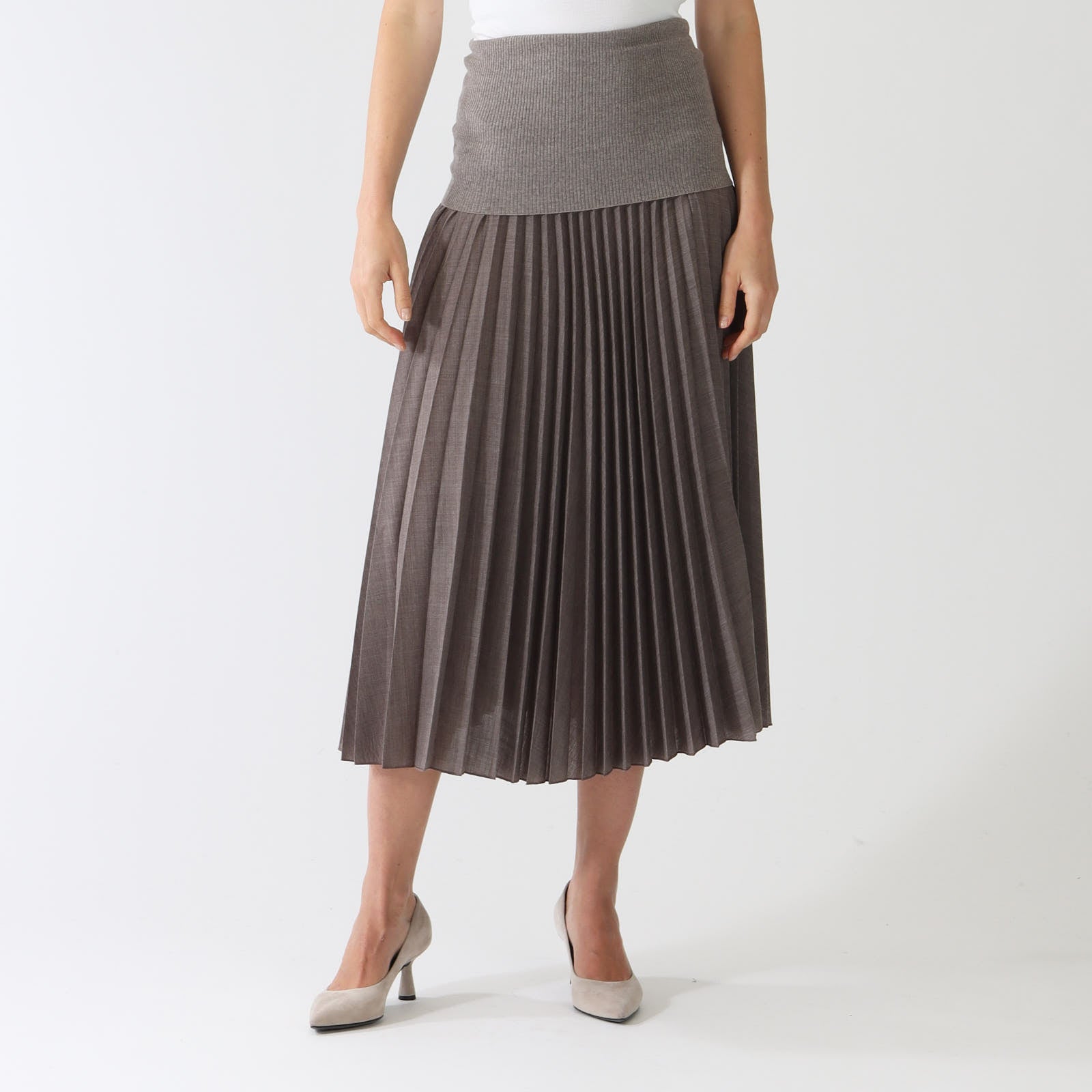 Visone Knit Waistband Pleat Midi Skirt