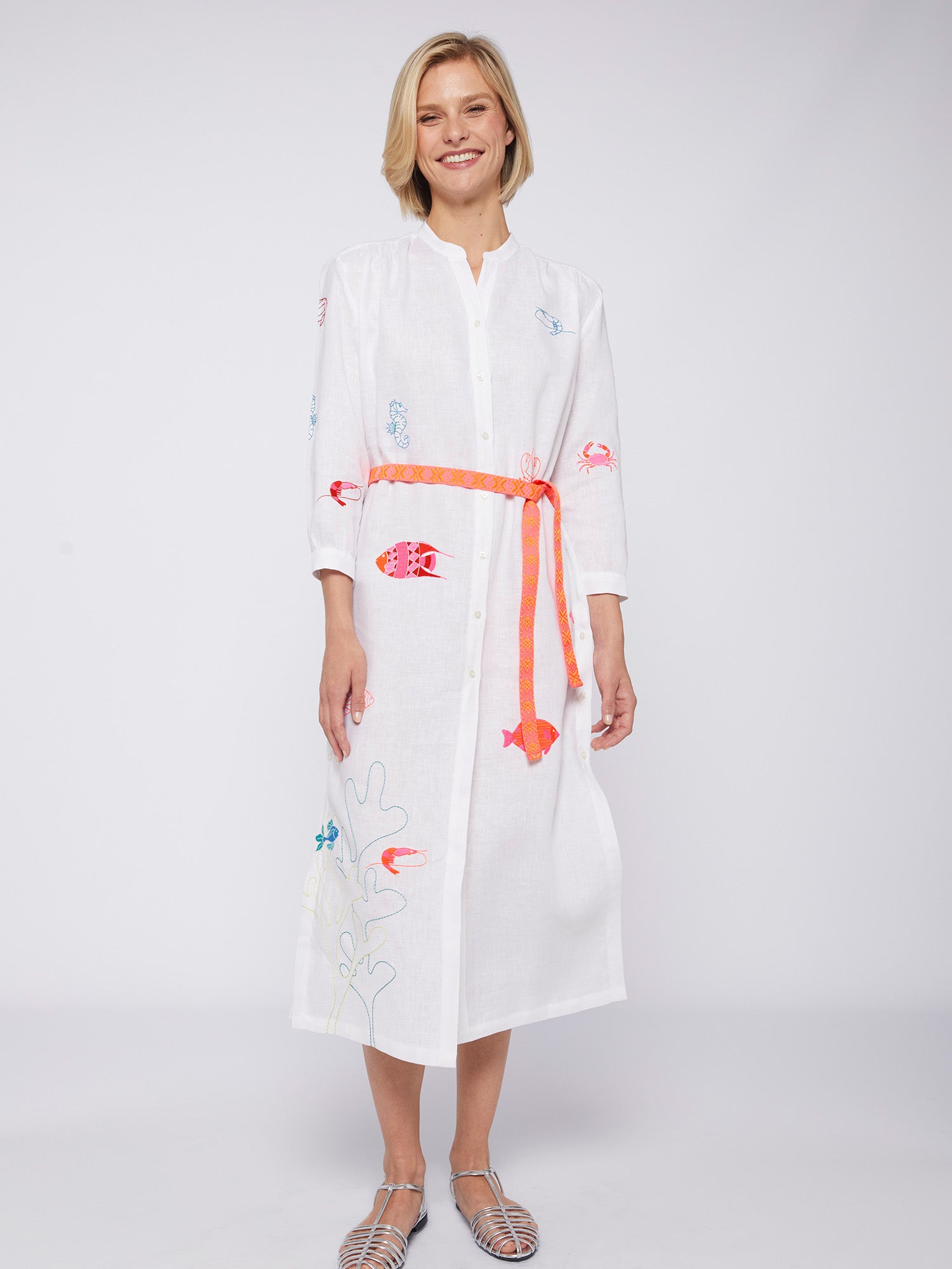 White Amina Linen Dress With Embroidered Sea Life