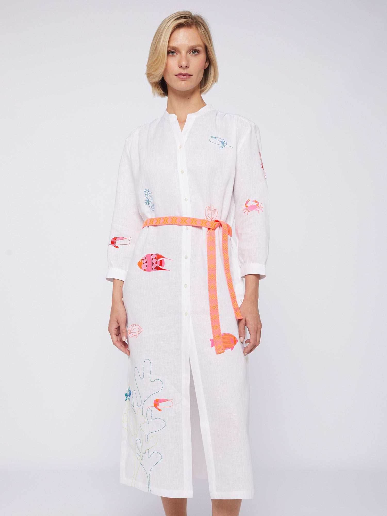 White Amina Linen Dress With Embroidered Sea Life
