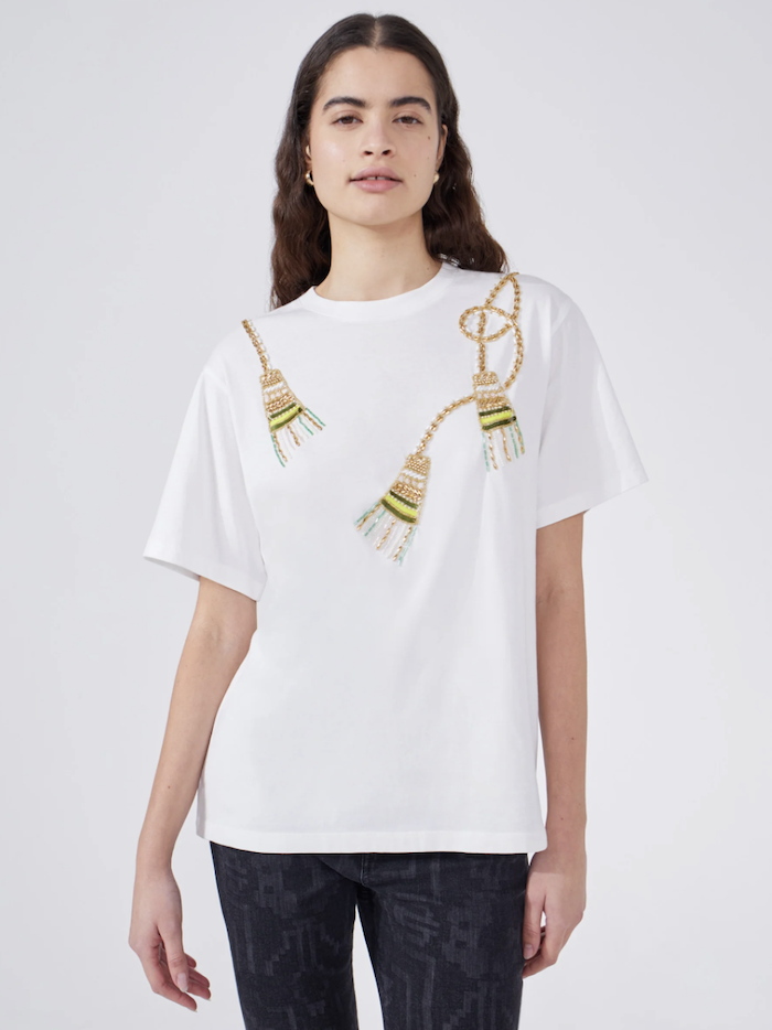 White Beaded Tassel T-Shirt