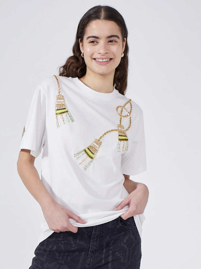 White Beaded Tassel T-Shirt