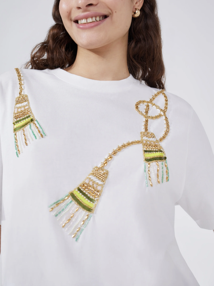 White Beaded Tassel T-Shirt