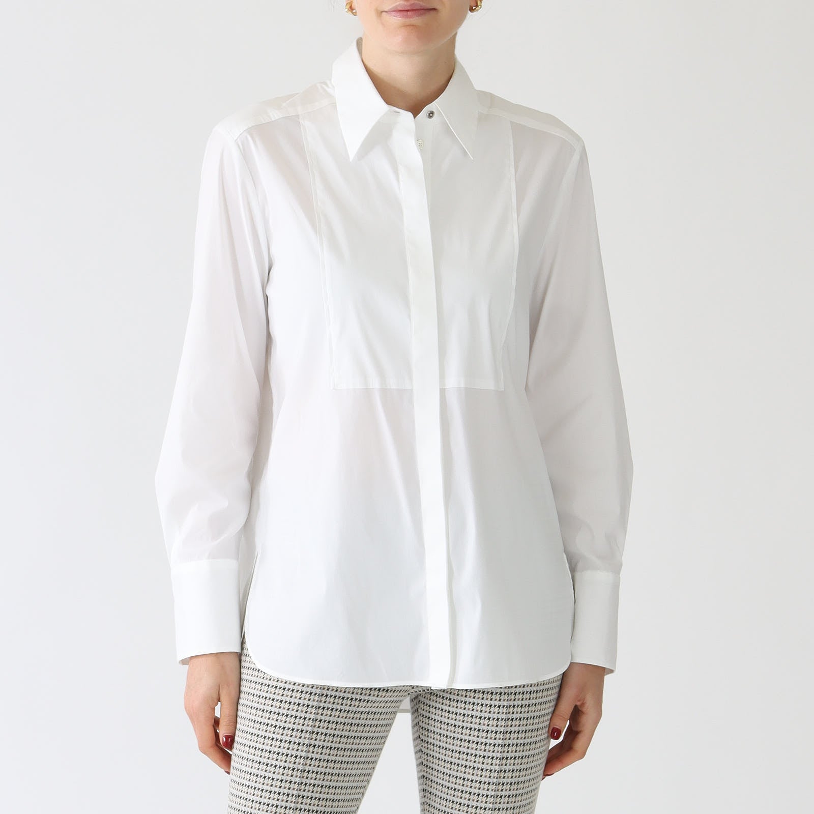 White Bib Detail Stretch Cotton Shirt