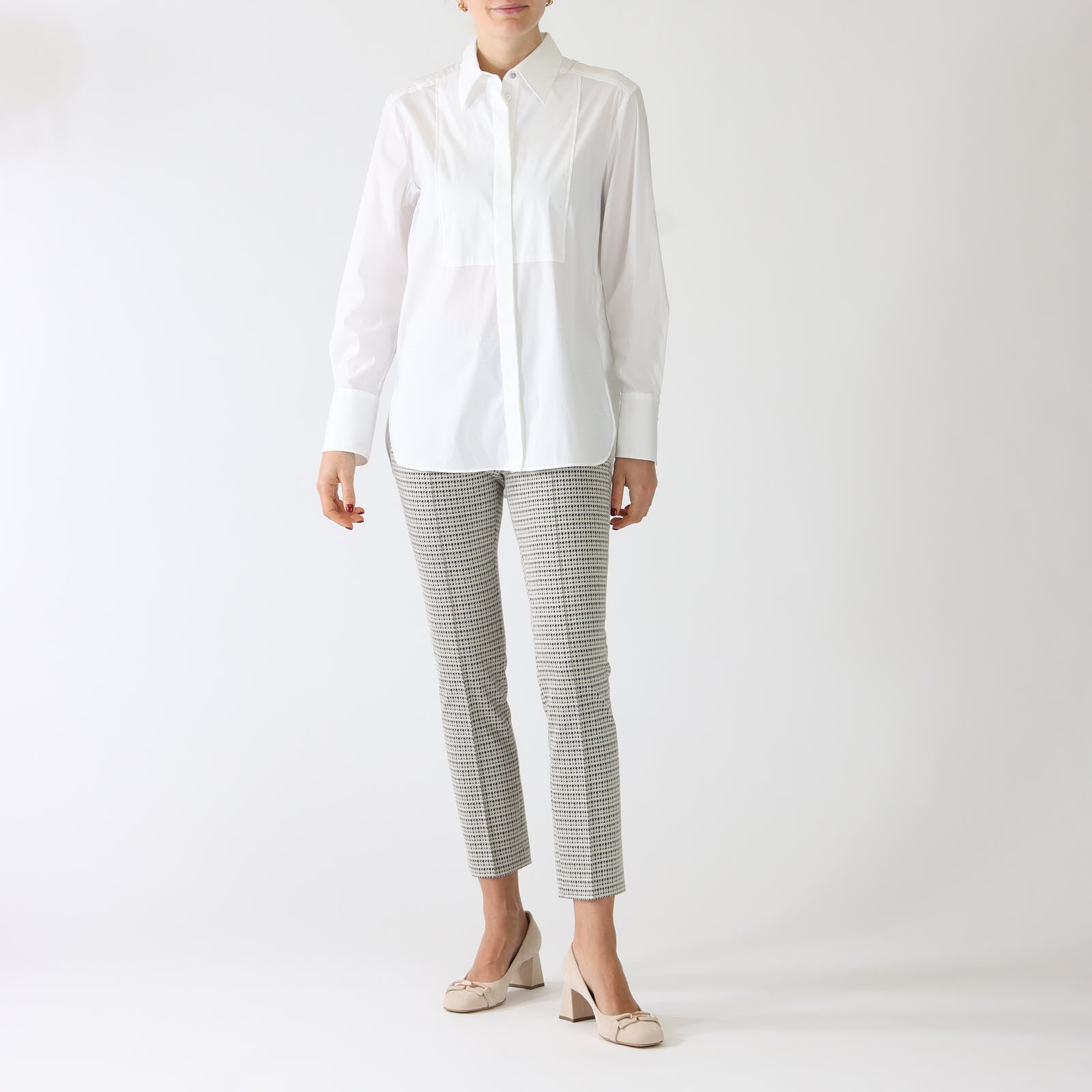 White Bib Detail Stretch Cotton Shirt