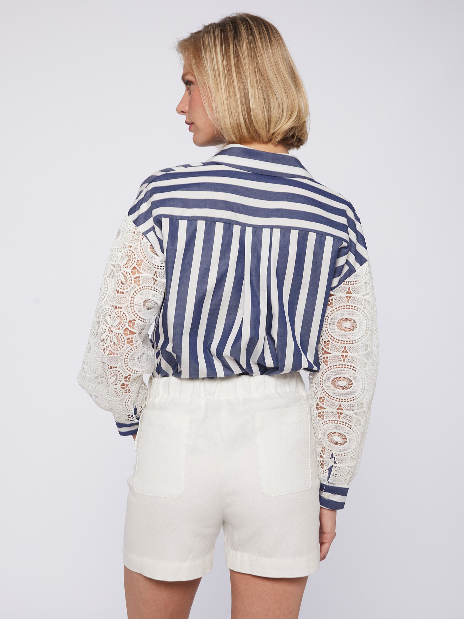 White & Blue Vernen Stripe Shirt With Lace Sleeves